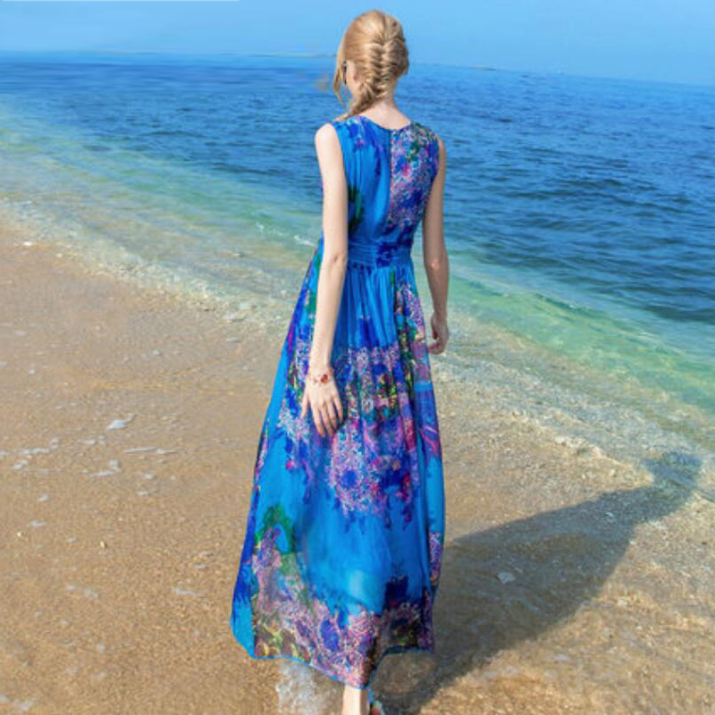 Women 100 Silk dress Beach dress 100% Natural Silk Blue Print dress Holiday summer dresses